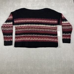 Lucky Brand Sweater Womens XL Black Burgundy Cream Striped Knit Pullover NWT
